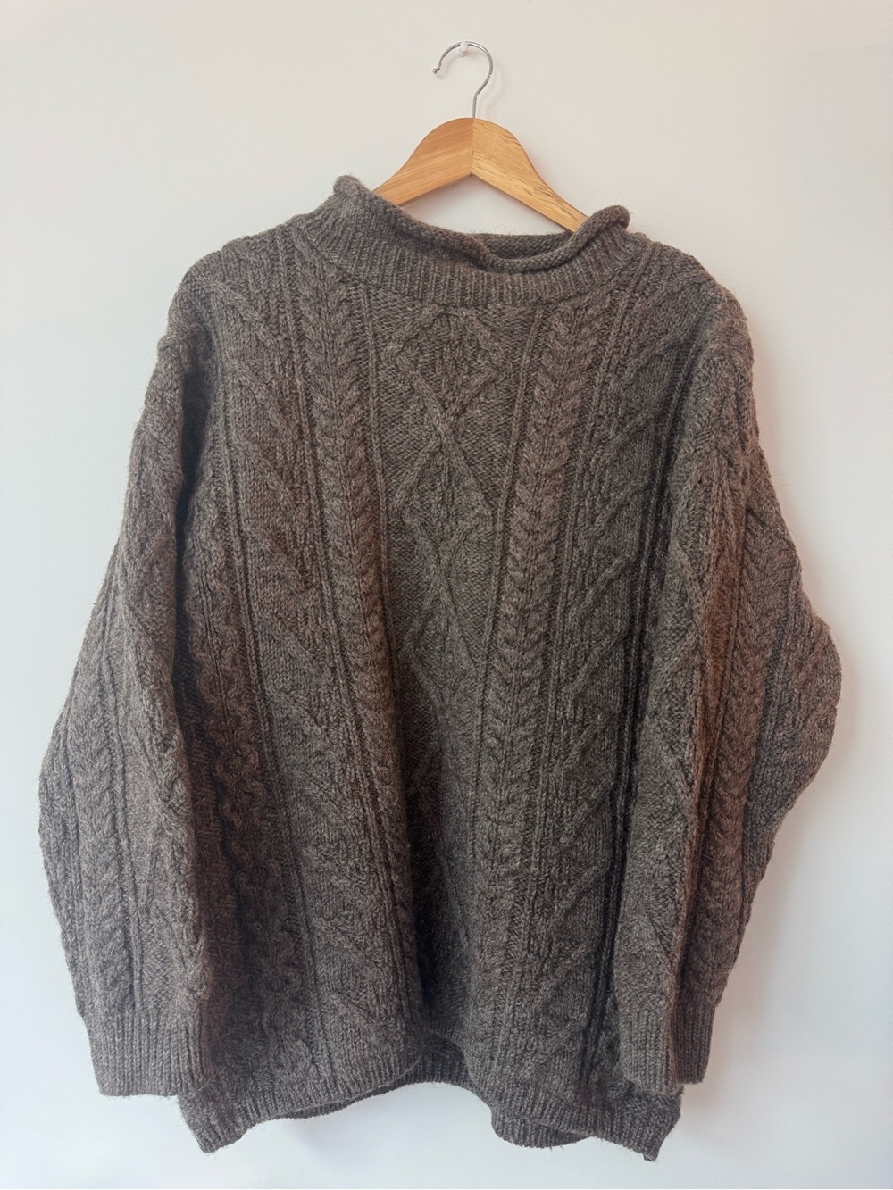 Vintage Irish Homecraft Oiled Wool Cable Knit Fisherman Sweater Brown Unisex